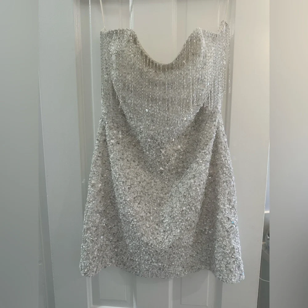 Revolve Cassandra Strapless Tube Dress - White, Silver, Sequin - Picture 2 of 7